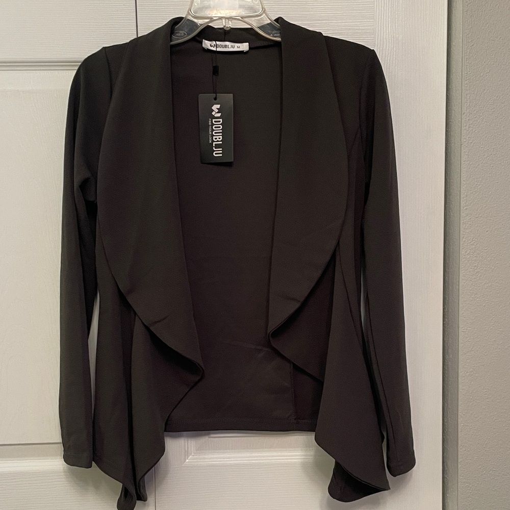 NWT DOUBLJU Find Your Look Gray Draped Open Front Blazer Jacket Medium